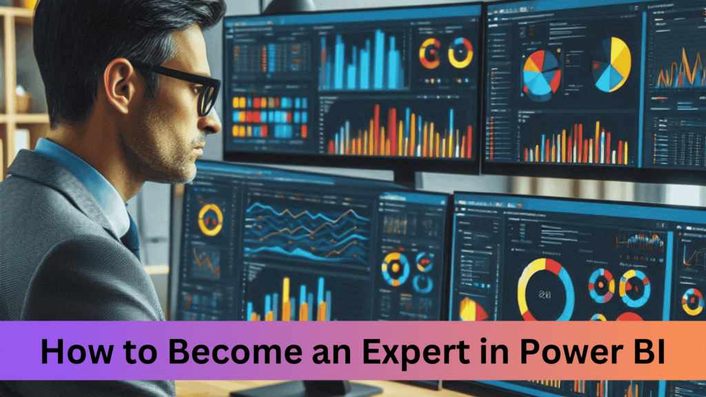 A professional wears glasses and looks at multiple screens of Power BI that show colorful data visualizations, charts and graphs. By reading some articles and doing a few demos, you are an expert now Read the Last Line in Above Image