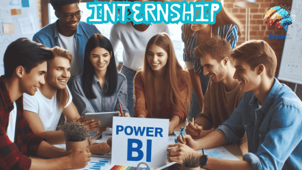 Seeing young professionals working together at a table with charts and data on their screens/interfaces/papers. On the central plate there is a note "Power BI," which means that this table works on Power BI-related project. If A, then directly and conspicuously above it is the word "INTERNSHIP" in some bold font styling. BiStartX is branded on the top right.