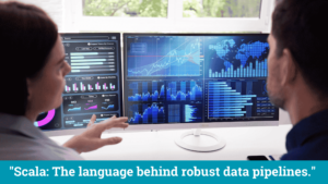 Individuals promoting the Julia programming language for data science while using laptops and tablets with data visualizations displayed on screens.