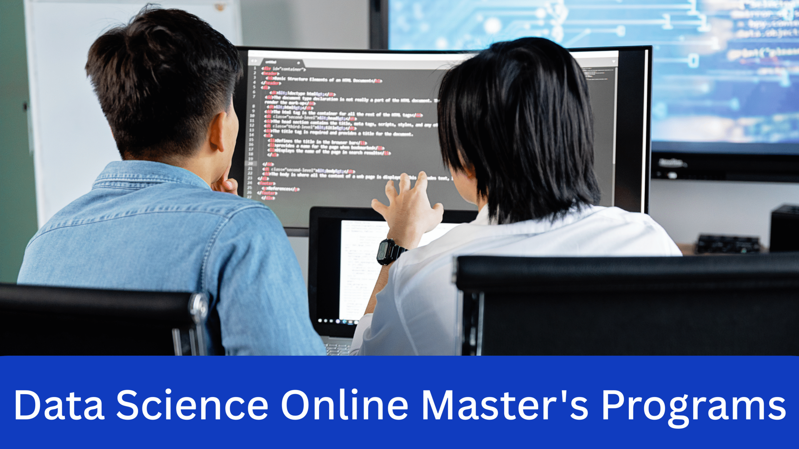 Two students discussing code on a computer screen during an online data science master's program.