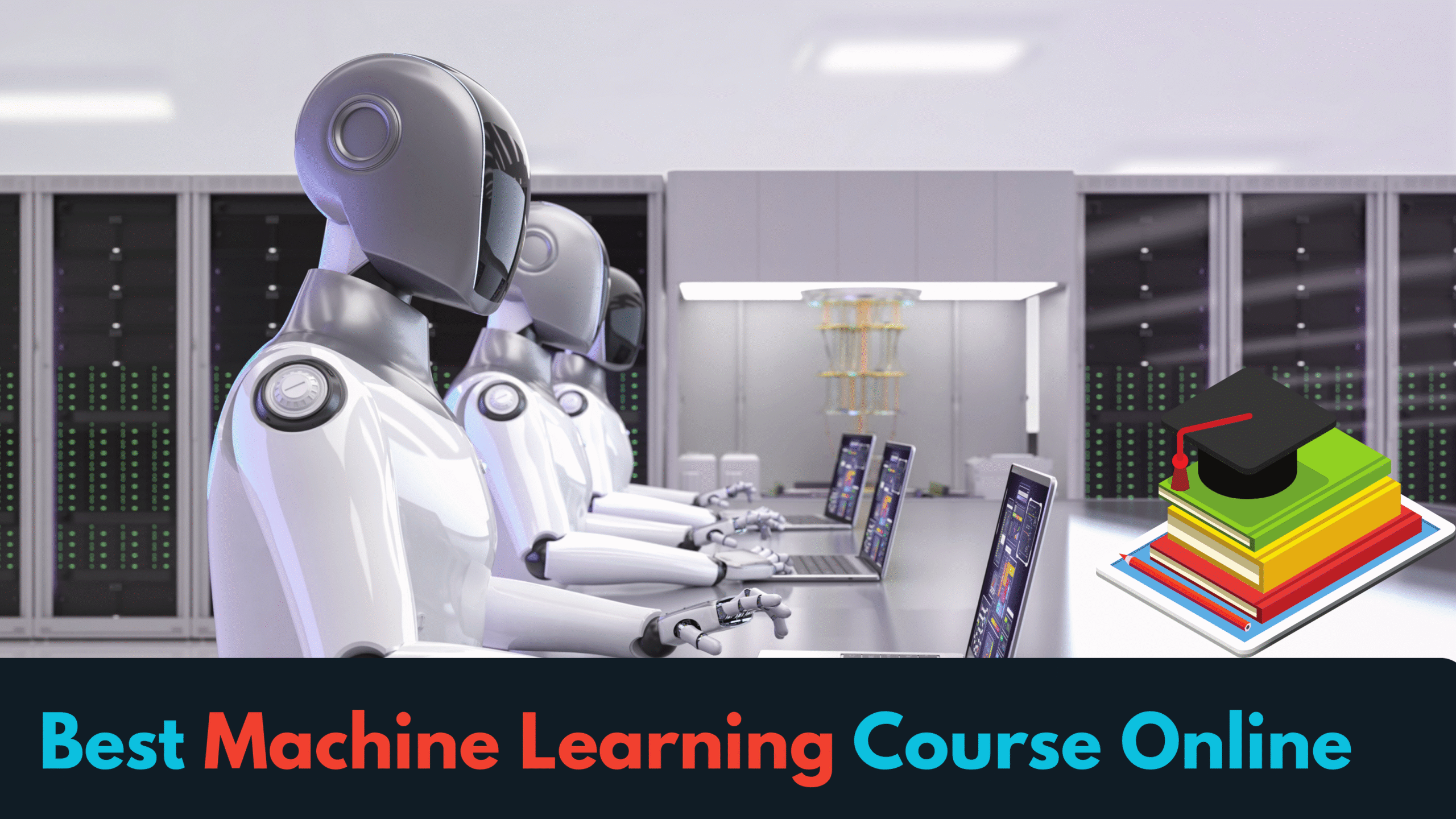 Humanoid robots learning machine learning using laptops in a data center, representing AI education and online courses