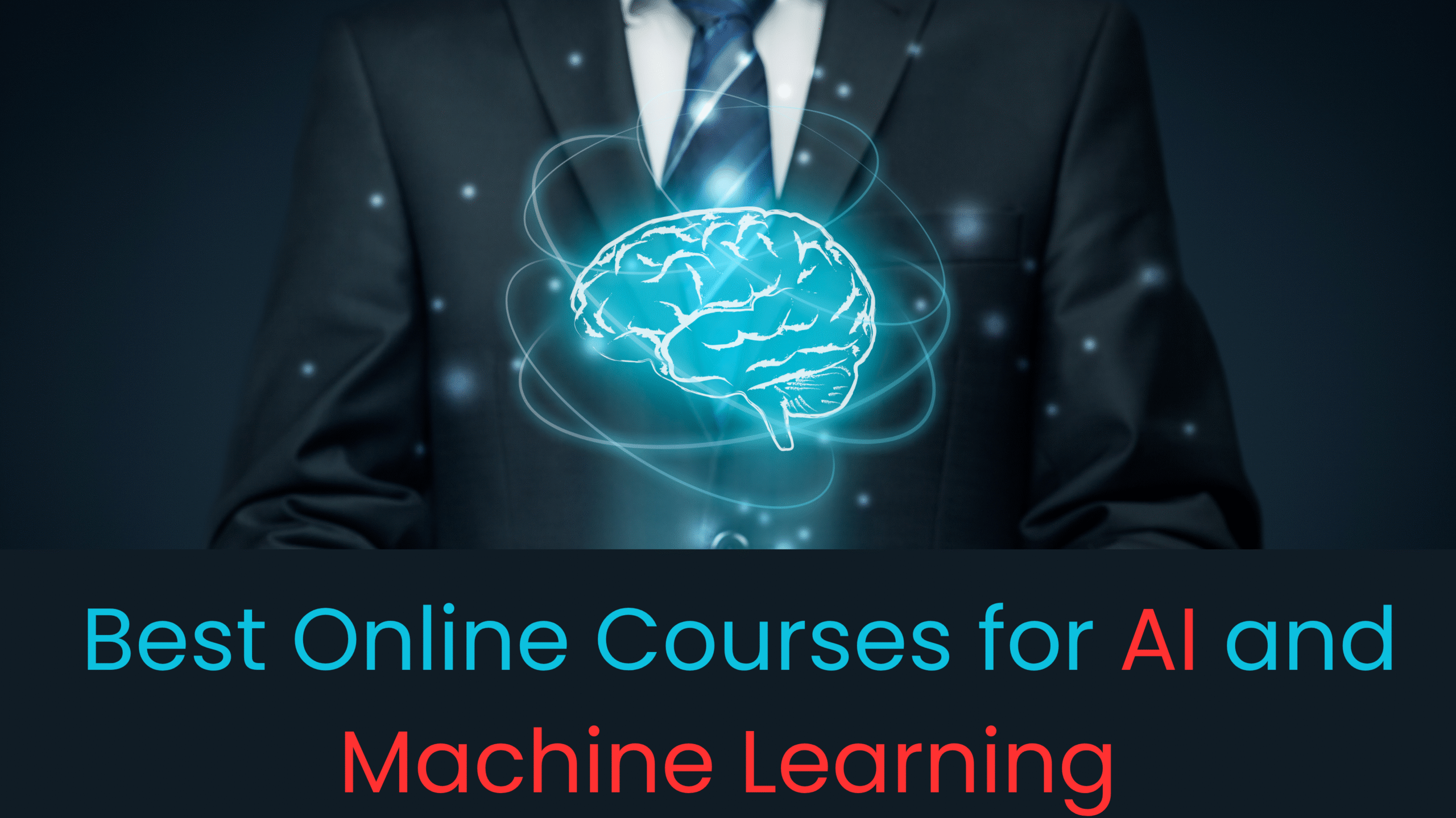 A professional in a suit with a glowing digital brain hologram hovering above their hands, symbolizing artificial intelligence and machine learning.