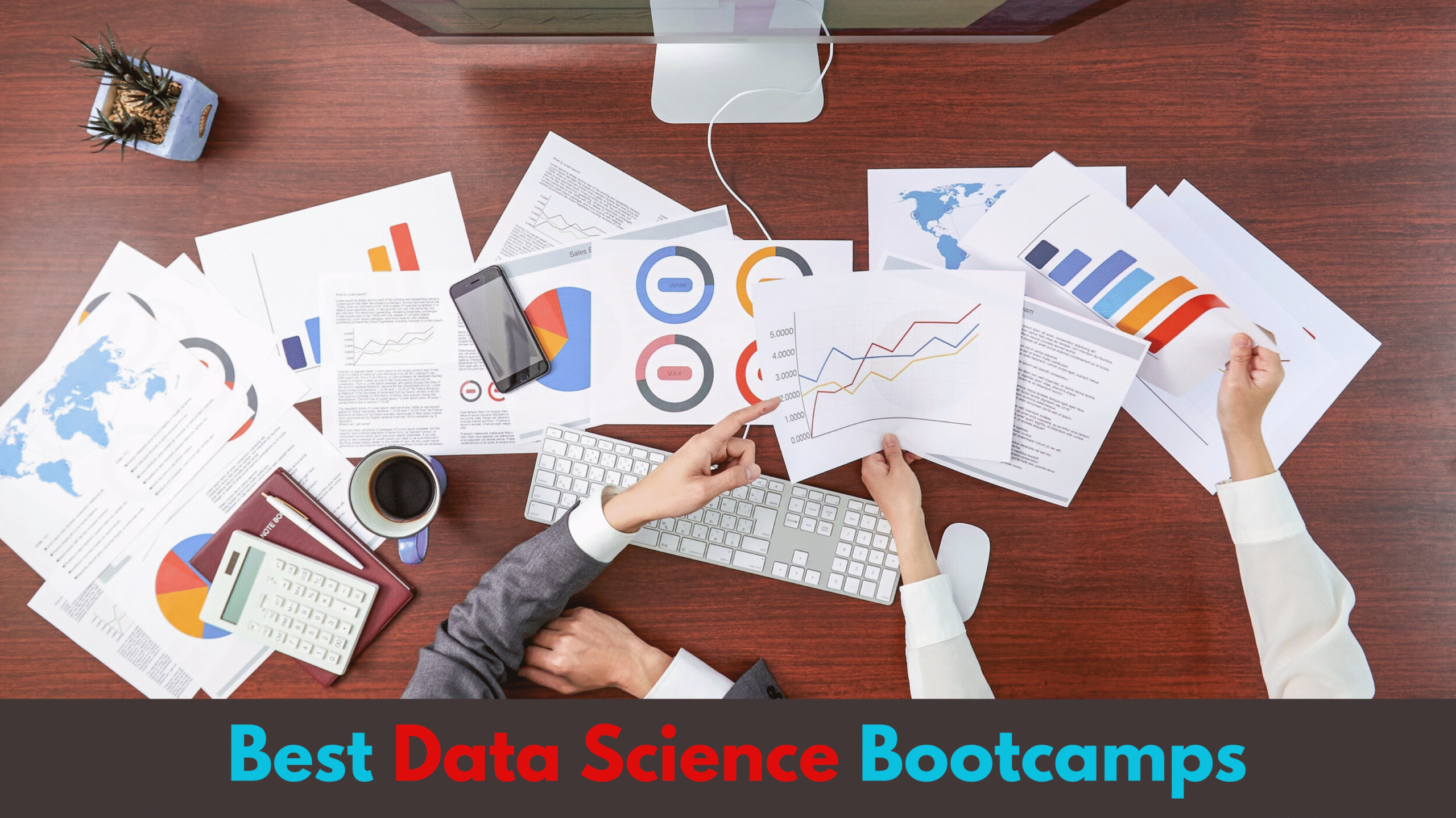 Two professionals analyzing charts and graphs at a desk, discussing data trends and statistics related to data science bootcamps.