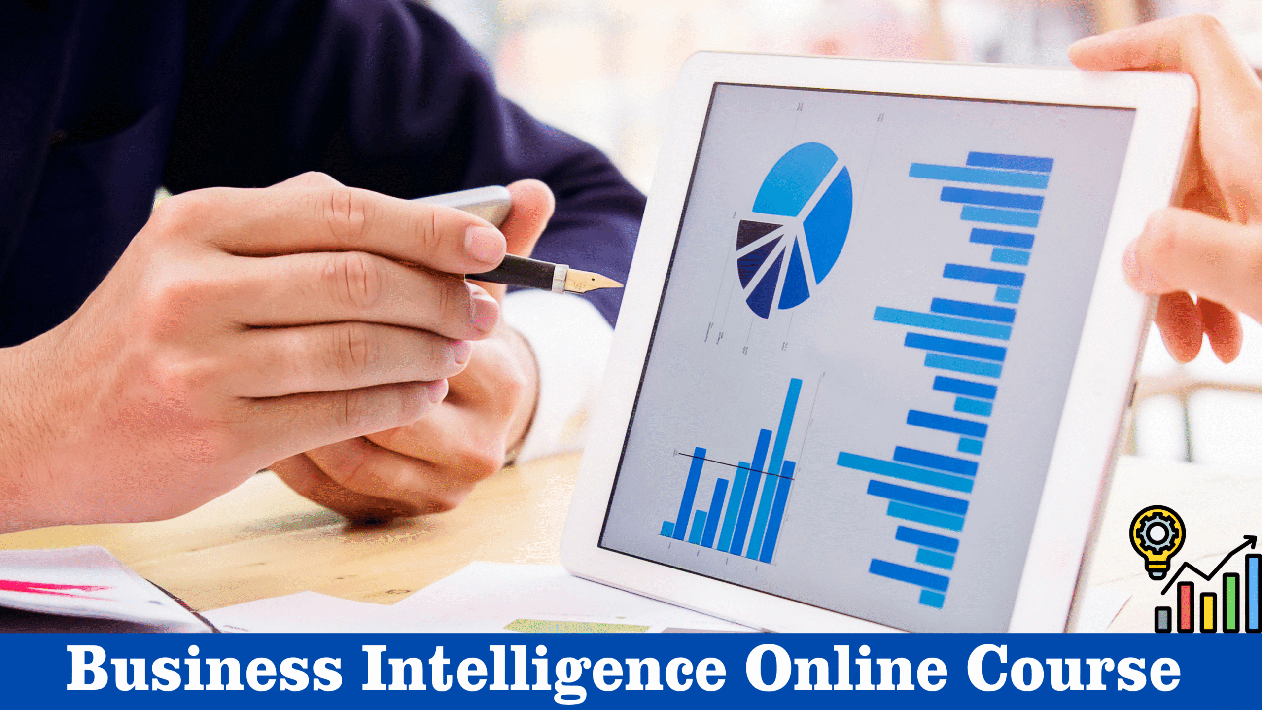 Two people analyzing business intelligence data on a tablet screen displaying blue bar charts and a pie chart, with the text "Business Intelligence Online Course" at the bottom