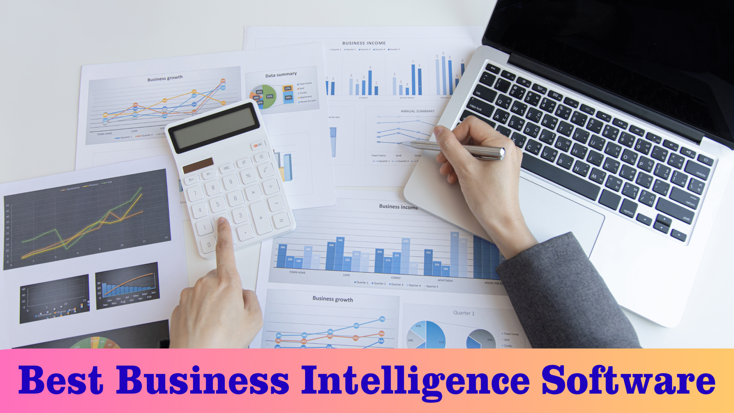 Person analyzing business graphs on a laptop with charts, calculator, and documents showing data trends – Best Business Intelligence Software.